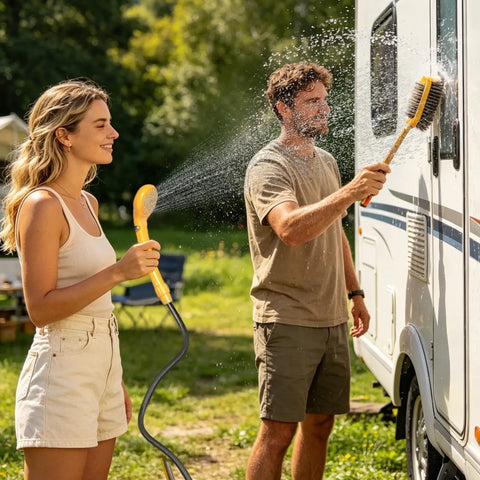 Couple using Portable Camping Shower Kit With 12V Pump Steady Water Flow ABS Body for RV cleaning outdoors