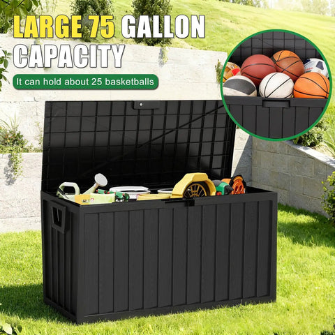 75 Gallon Outdoor Storage Box Weatherproof And Lockable For Patio Cushions, Garden Tools, And Outdoor Gear Black