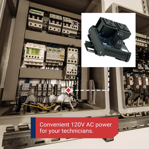 IMACP02 Duplex Three Prong Modular Outlet DIN Rail Mount AC Receptacle Black For 120V 15A NEMA 5 15P installed in control panel