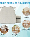 Set Of 4 Dining Chair Cushions Non Slip 17 By 16 Inch 2 Inch Thick With Ties D Shaped Beige Indoor Kitchen Chair Pads visible, used in various rooms.