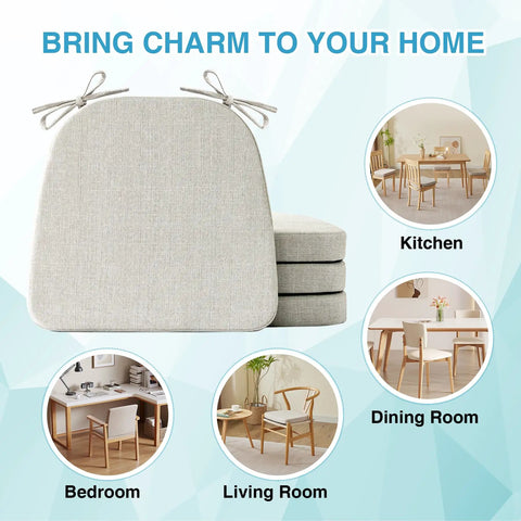 Set Of 4 Dining Chair Cushions Non Slip 17 By 16 Inch 2 Inch Thick With Ties D Shaped Beige Indoor Kitchen Chair Pads visible, used in various rooms.