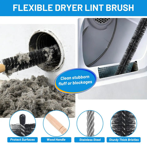 Dryer Vent Cleaner Kit With Universal Vacuum Hose Attachment showing lint brush cleaning vent and collected lint.