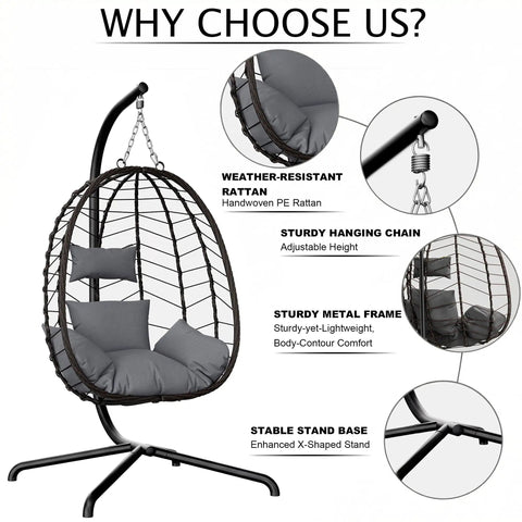 Hanging Egg Chair With Stand For Indoor And Outdoor Relaxation Cozy Wicker Hammock Lounge Chair With Cushion Swinging Basket Chair.