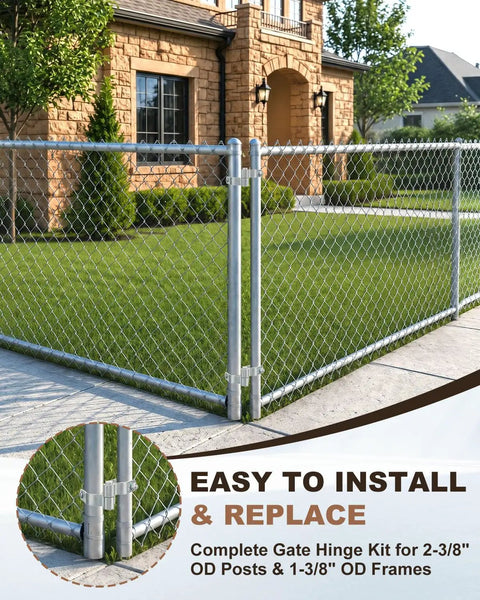 Four Piece Chain Link Fence Gate Hinge Kit With Galvanized Steel Male Post And Female Frame Hinges Fits 2 3/8 Inch OD Male Pipe And 1 3/8 Inch OD Female 5/8 Inch Pin Heavy Duty Easy Install on chain link gate