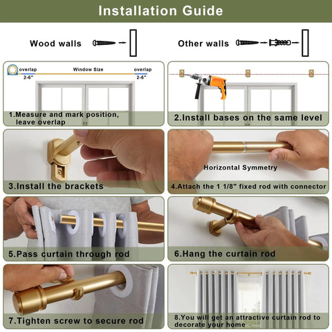Installation guide for Telescoping One And One Eighth Inch Curtain Rod Set Beefy Heavy Duty Drapery Rod with step-by-step illustrations.