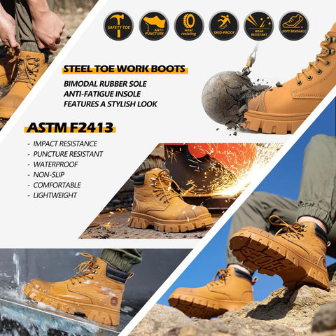 Waterproof Steel Toe Work Boots For Men 6 Inch Leather Construction Boots With Non Slip Outsole Safety Boots For Job Sites Indestructible Yet Lightweight Wheat Color Mens Work Shoes US Size 10.5 featured in rugged outdoor settings.