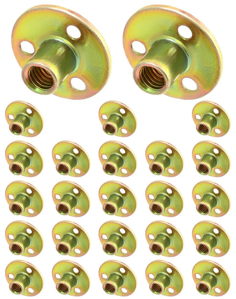 Top Shelf 3/8 16 Round Base T Nuts 25 Piece Set Heavy Duty Carbon Steel Flange Inserts for woodworking with nickel coating.