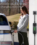 Woman using Level 1 And Level 2 Portable EV Charger With Dual Plugs NEMA 5-15 And NEMA 14-50, 240V 40 Amp Input, charging her EV.