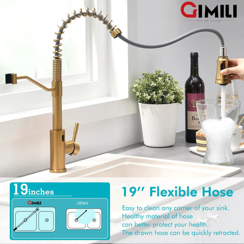 Touchless Kitchen Faucet with pull down sprayer in brushed brass, motion sensor hands free water faucet for sink, single hole
