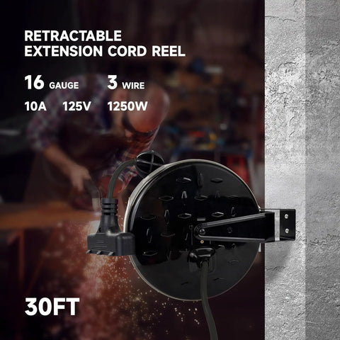 Go To 30 Ft Retractable Extension Cord Reel With 16/3 SJTW Power Cord And Three Outlets Ceiling Or Wall Mount 10 Amp Circuit Breaker
