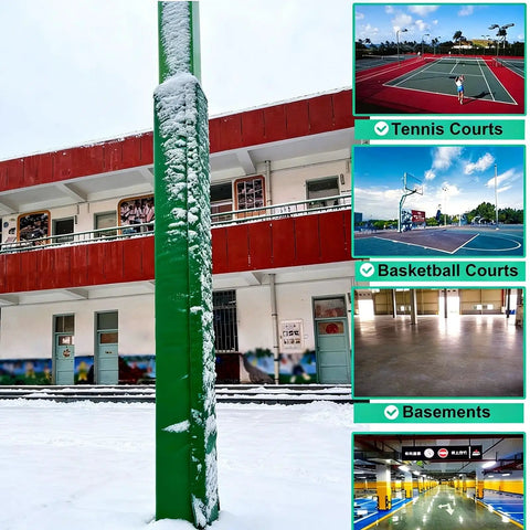 Heavy Duty Square Foam Pole Cover For Basements And Garages Featuring No Sweat Wrap Up Design And Tough As Nails Impact Shield For Wooden Columns Basketball Stands And Fence Posts In Classic Matte Black with snow on a green pole.