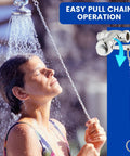 Woman using self closing shower valve with pull chain in chrome finish ideal for outdoor and indoor showers water saving design.
