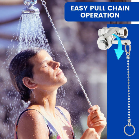 Woman using self closing shower valve with pull chain in chrome finish ideal for outdoor and indoor showers water saving design.