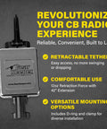 Retractable CB Mic Holder With 42 Inch Heavy Duty Cord Tether For Handheld Radios showing the industrial-grade design and mounting options.