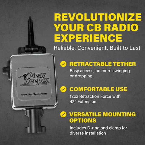 Retractable CB Mic Holder With 42 Inch Heavy Duty Cord Tether For Handheld Radios showing the industrial-grade design and mounting options.