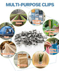 Heavy Duty Stainless Steel Garden Clips 50 Pack For Greenhouses With 2 Inch Long Grips, multi-purpose uses illustrated