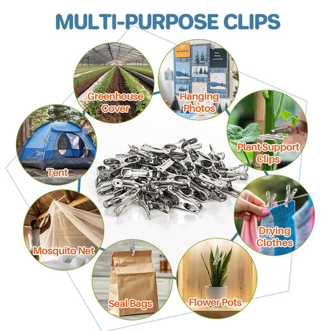 Heavy Duty Stainless Steel Garden Clips 50 Pack For Greenhouses With 2 Inch Long Grips, multi-purpose uses illustrated