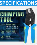 Close-up of a crimping tool with specifications for Six Piece Ratcheting Crimping Tool Set With Pro Grade Wire Crimper Jaws.