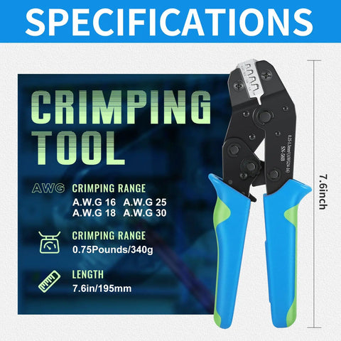 Heavy Duty Ratchet Wire Crimper Tool Hella Tight Grip For Open Barrel Terminal Connectors showing specifications and dimensions.