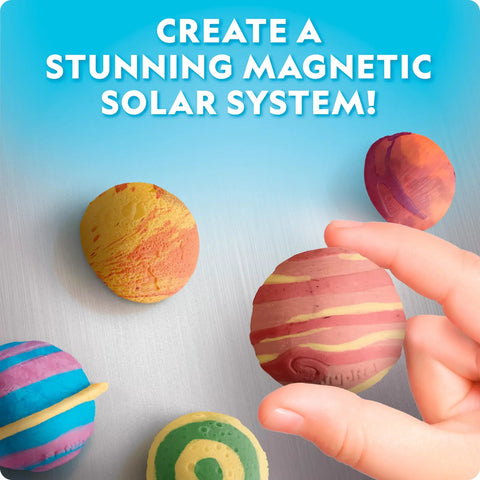 Magnetic Solar System Art Kit For Kids With 9 Magnets Build Paint And Display 3D Planet Magnets On Any Fridge Safe High Quality Materials Totally Fun Educational STEM Craft For Curious Adventurers. Magnetic solar system craft kit with painted planet magnets on a fridge