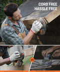 Man using Cordless Random Orbital Sander 20V Brushless With 2.0Ah Battery Micro-Filter Cyclonic Dust on wooden surface