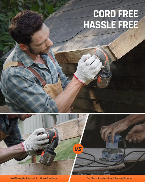 Man using Cordless Random Orbital Sander 20V Brushless With 2.0Ah Battery Micro-Filter Cyclonic Dust on wooden surface
