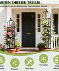 Garden Trellis Obelisk For Climbing Plants Outdoor 6.2 Ft Plant Support at entrance, supporting blooming roses
