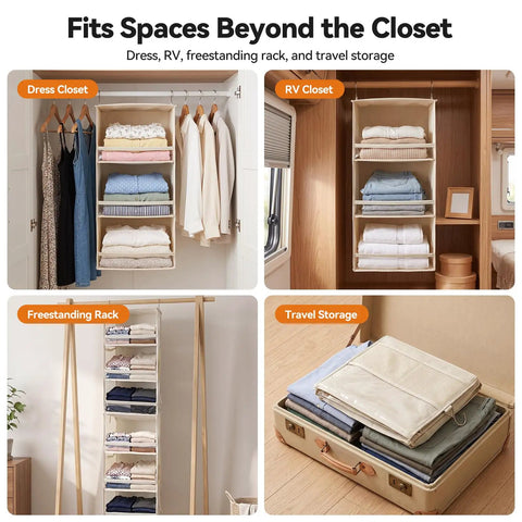 Top Quality Double Pack Hanging Closet Organizer With Three Tier Foldable Build used in dress closet and RV for space-saving storage.