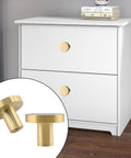 Two Pack 1 Inch Cabinet Knobs With Mounting Screws Solid Brass Round Drawer Pulls For Cabinets Or Dressers Easy Install Includes Two Screw Types To Fit Different Board Thickness Durable Kitchen And Bedroom Hardware. Two brass knobs on white dresser