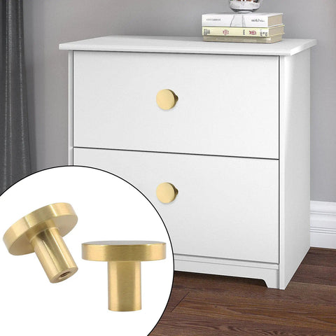 Two Pack 1 Inch Cabinet Knobs With Mounting Screws Solid Brass Round Drawer Pulls For Cabinets Or Dressers Easy Install Includes Two Screw Types To Fit Different Board Thickness Durable Kitchen And Bedroom Hardware. Two brass knobs on white dresser