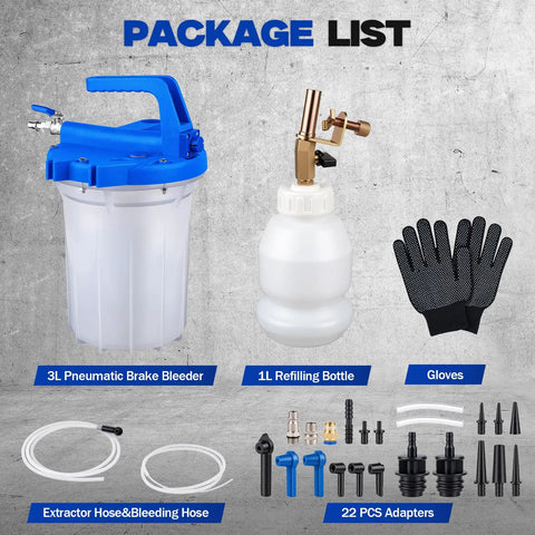 Pneumatic Brake Bleeder Kit With 3L Suction Can, 1L Refill Bottle, 22 Universal Fittings, gloves, hoses displayed on concrete background