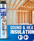 Spray Foam Insulation Kit with 12 Cans, Self Expanding Polyurethane Foam shown with framing for heat and acoustic insulation.