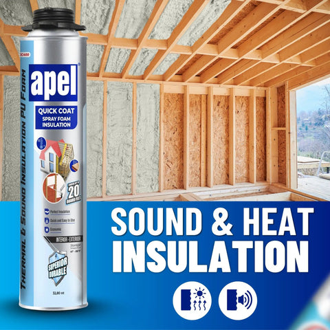 Spray Foam Insulation Kit with 12 Cans, Self Expanding Polyurethane Foam shown with framing for heat and acoustic insulation.