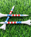 Premium USA Golf Tees In Three And A Quarter Or Two And Three Quarters Inch Durable Plastic 100 Pack Stars And Stripes Made In USA Bulk Value Pack For Longer Drives And Consistent Ball Contact shown on grass