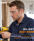 Man wearing 24 Pack Safety Glasses Bulk Haul Featuring Clear Polycarbonate Lenses And Rugged Wraparound Impact Shield.