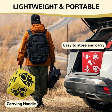 Person carrying Six Sided Self Healing Foam Archery Target With Carry Handle for Easy Arrow Removal near car trunk