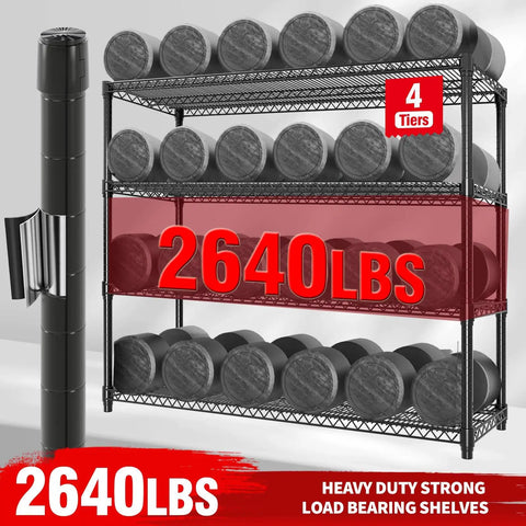 Beefy Heavy Duty Metal Wire Shelving Unit With Wheels, 4 Tier Industrial Storage Rack, total capacity 2640 lbs visible.