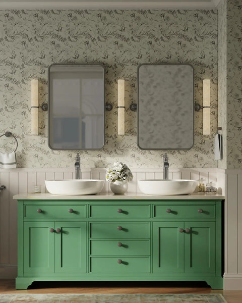Green vanity with double vessel sinks featuring Tall Vessel Sink Faucet With Waterfall Spout Brushed Nickel Finish Single Lever Handle
