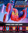 Glowing Eyes 360 Flip RC Car With Lights performing a mid-air flip, colorful light modes displayed, vibrant superhero design.