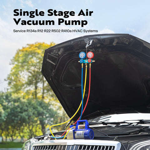 110V One Quarter HP 3.5 CFM Single Stage Rotary Vane Vacuum Pump Pro Grade With AC Manifold Gauge Set on car engine