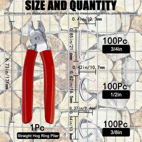 Galvanized Hog Ring Kit With Bent Pliers 300 Piece Set Includes Three Quarter Inch One Half Inch And Three Eighths Inch Rings for various uses