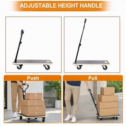 Beefy Heavy Duty 440 Lb Wooden Furniture Dolly With Adjustable Telescoping Handle From Twenty Point Five To Thirty Inches And Four Inch Casters Non Slip Leather Surface For Securely Moving Heavy Pianos And Appliances, push and pull views