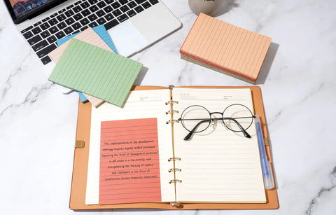 Lined Sticky Notes 4x6 Inches, 360 Sheets In 9 Packs, Vintage Colors on desk with notebook, glasses, and pen for office use