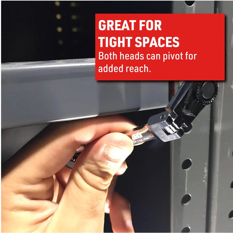 Using Four Inch Micro Combo Ratchet With One Quarter Inch Square Drive And Magnetic Bit Drive in tight space on metal shelving