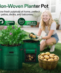Five Pack 7 Gallon Fabric Potato Grow Bags With Handles And Roll Up Windows For Easy Harvests Breathable Nonwoven Grow Pots For Potatoes Durable Green Planting Bags in garden setting with woman harvesting potatoes.