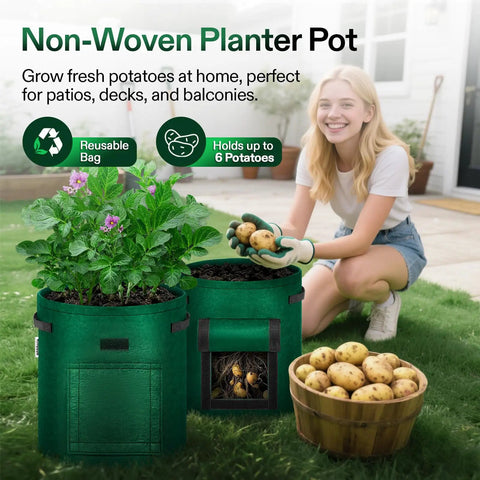 Five Pack 7 Gallon Fabric Potato Grow Bags With Handles And Roll Up Windows For Easy Harvests Breathable Nonwoven Grow Pots For Potatoes Durable Green Planting Bags in garden setting with woman harvesting potatoes.