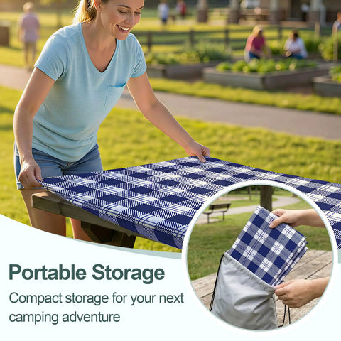 Woman placing Waterproof Windproof Picnic Table and Bench Cover Set for 6-Foot Rectangular Tables in a drawstring bag