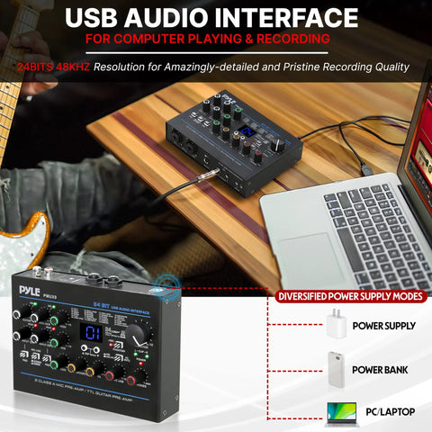 USB Audio Interface for PC and Mac with mic, guitar inputs, 24 preset digital effects, on a table next to a guitar and laptop.