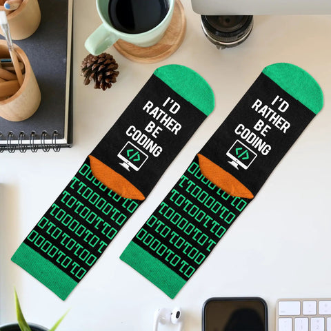 Epic Programmer Socks And Tech Gift For Men, Perfect Stocking Stuffers For Techies, "I'd Rather Be Coding" design on desk