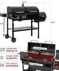 Two Burner Gas And Charcoal Grill Combo With Offset Smoker And Side Burner For Backyard BBQs, black grill dimensions shown.
